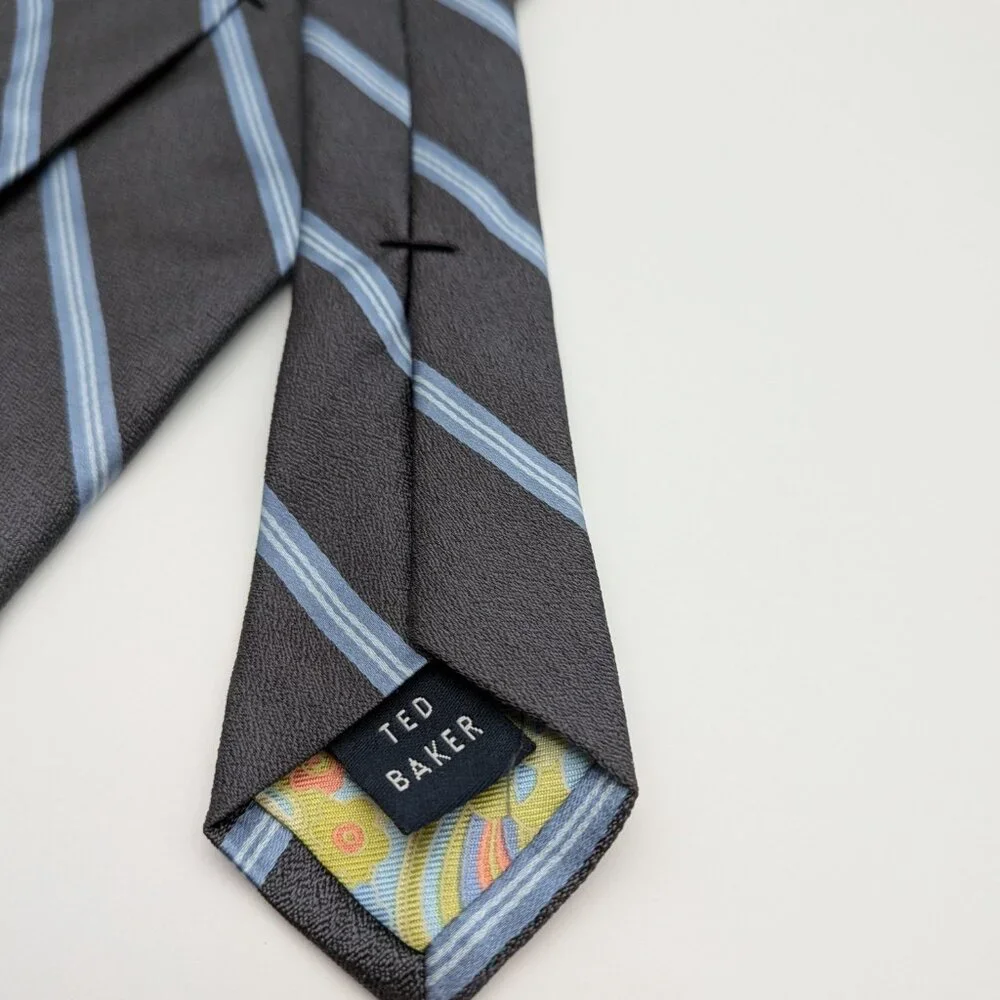 Ted Baker London 100% Silk Black / Blue Striped Tie USA made - Picture 6 of 7